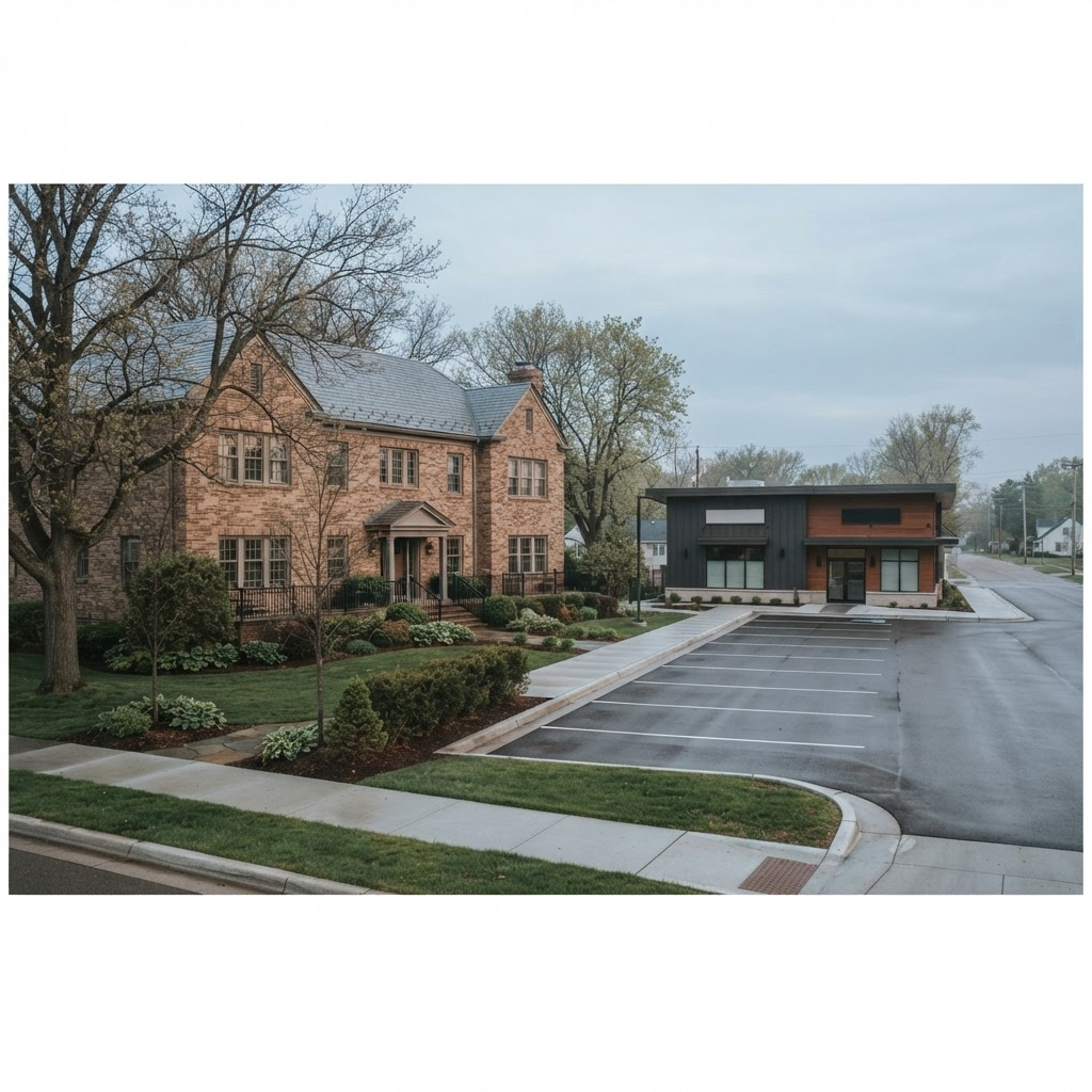 A well-maintained brick residential building beside a clean commercial building at dawn in Grand Rapids, Michigan